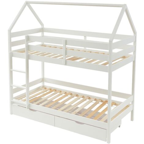 Vente-Unique – Lit superposé cabane 90 x 190 cm – 2 tiroirs en pin laqué blanc – Charge maximale 120 kg – Pour enfants
