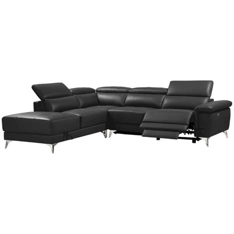 Vente-Unique – Canapé d'angle gauche relax électrique 5 places en cuir de buffle gris anthracite – Pieds en métal design – Dimensions 277x244cm (1/5)