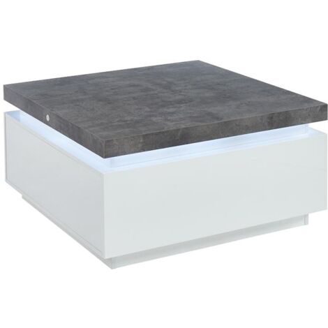 Vente-Unique – Table basse fixe 90x90cm – 2 tiroirs coulissants – MDF laqué blanc – Plateau effet béton – Avec LEDs blanches (1/5)