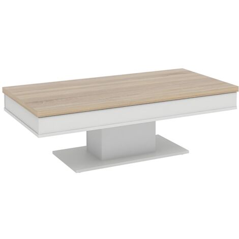 Vente-Unique – Table basse fixe avec rangements – Blanc – Plateau effet chêne – Dimensions 120x59x40.2 cm – Charge maximale 15 kg