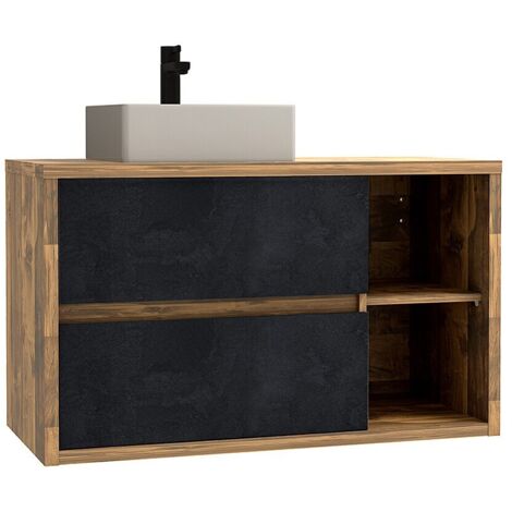 Vente-Unique – Meuble de salle de bain suspendu avec vasque carrée – Coloris naturel et anthracite – 100 cm – 2 tiroirs soft close – Fabriqué en Europe