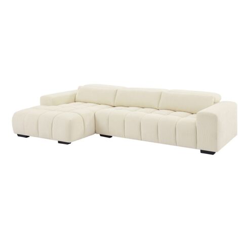 Vente-Unique – Canapé d'angle gauche 5 places en tissu 100% polyester beige – Finition matelassée – Têtières inclinables – Dimensions 312x183cm