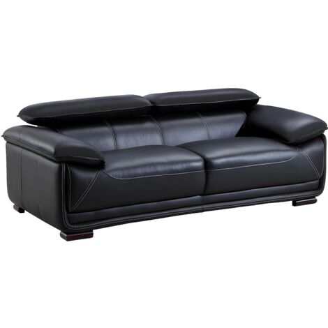 Vente-Unique – Canapé droit 3 places en cuir de vachette noir – Têtières ajustables – Charge maximale 360 kg – Dimensions 204x97x75 cm