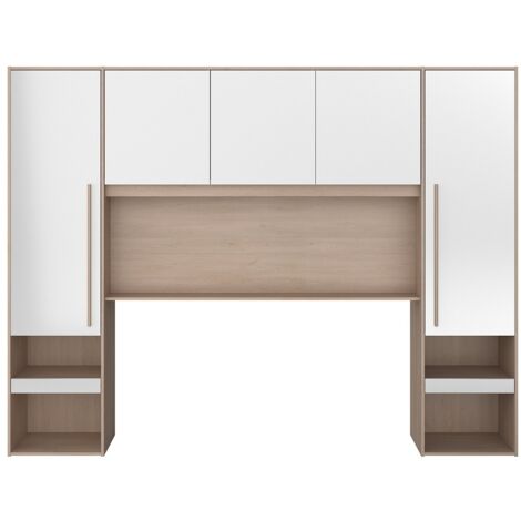 Vente-Unique – Pont de lit avec rangements – Longueur 265 cm – Hauteur 202.8 cm – Matière mélaminée – Couleur blanc brillant et naturel – LED télécommandées