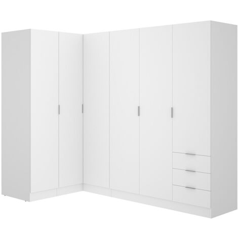 Vente-Unique – Armoire d'angle 6 portes et 3 tiroirs – Longueur 213 cm – Hauteur 184 cm – Blanc – Panneau de particule mélaminé – Éco-responsable