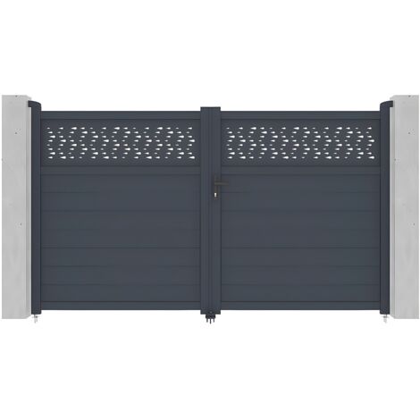 Vente-Unique – Portail battant aluminium semi-plein anthracite L305 x H181 cm – Remplissage décoratif – Ouverture manuelle – Épaisseur 1.2 mm (1/5)