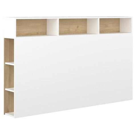 Vente-Unique – Tête de lit 160 cm avec 9 niches de rangement – Blanc et chêne – Panneau de particule mélaminé – Hauteur 100 cm
