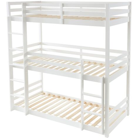 Vente-Unique – Lit superposé triple 90 x 200 cm en pin laqué blanc – 3 couchages – Cadre à lattes – Charge maximale 120 kg