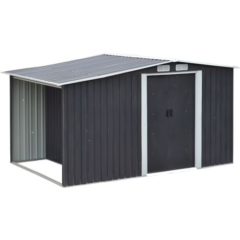 Vente-Unique – Abri de jardin métal 6,7 m² avec range-bûches en acier galvanisé gris – 2 portes double pente – Dimensions 313x195x154 cm