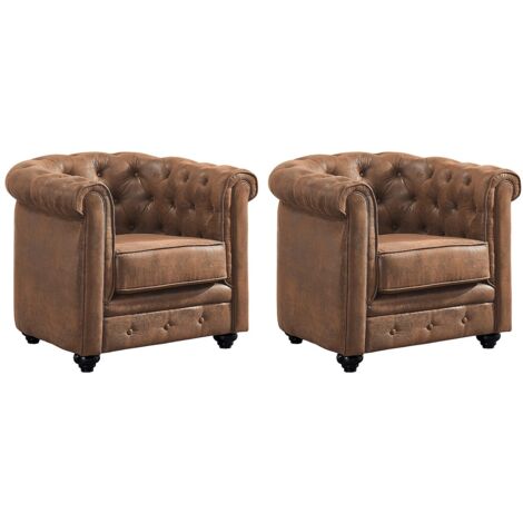 Vente-Unique – Lot de 2 fauteuils Chesterfield en microfibre vieilli – Assise déhoussable – Structure bois – Dimensions 82x72x78 cm – Charge max 120 kg