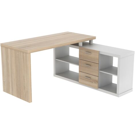 Vente-Unique – Bureau d'angle avec rangements – 3 tiroirs et 2 niches – Mdf et panneau de particule – Longueur 140 cm, Hauteur 75 cm, Angle réversible
