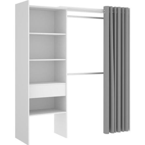 Mobimarket – Dressing extensible 110-160 cm – 2 barres de penderie – 4 étagères – Tiroir – Panneau mélaminé blanc – Rideau polyester gris (1/4)