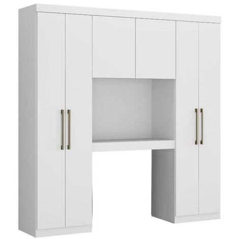Vente-Unique – Pont de lit ANTERO – 6 portes – Rangement avec 1 niche, 5 lingères, 2 penderies – Longueur 200 cm – Blanc – Panneau de particule