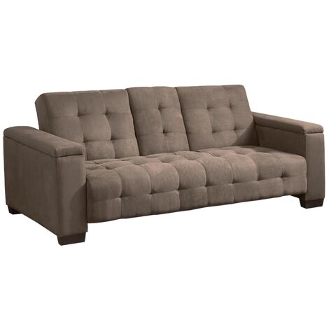 Vente-Unique – Canapé convertible 3 places clic-clac en microfibre marron – Tablette rabattable avec porte-gobelets – Longueur 218 cm – Confort optimal (1/5)