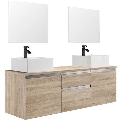 Meuble de salle de bain suspendu avec double vasque et miroirs - Naturel clair - 150 cm - JIMENA II (1/5)