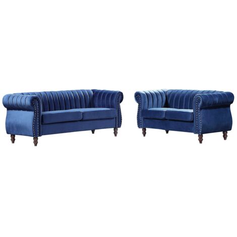 Vente-Unique – Canapé Chesterfield 3 places et 2 places en velours bleu roi – Déhoussable – Structure bois – Confort équilibré – Dimensions 195x78x77cm et 150x78x77cm