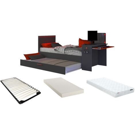 Lit gigogne gamer 90 x 200 et 90 x 190 cm - Avec bureau - LEDs - Anthracite et rouge + Matelas + Sommier - VOUANI (1/5)