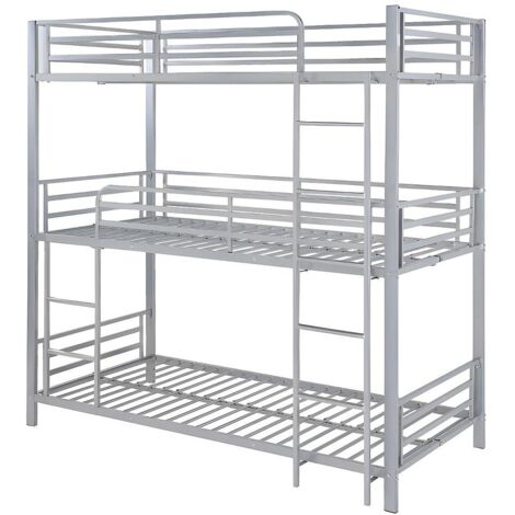 Vente-Unique – Lit superposé triple 90 x 190 cm – Structure en métal argenté – Charge maximale 150 kg – Hauteur de couchage 37 cm