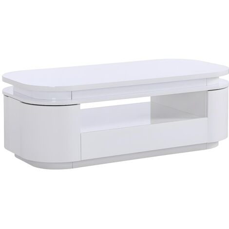 Vente-Unique – Table basse fixe 4 portes et 1 tiroir – MDF laqué blanc – LEDs multicolores avec télécommande – Dimensions 120x60x42.5 cm