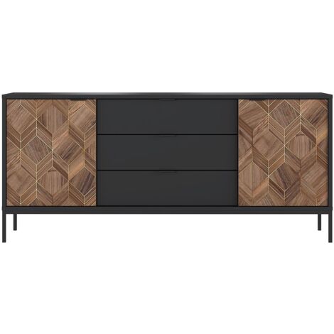 Buffet Design 2 Portes + 3 Tiroirs - Noir Avec Poignée Dorée - 154x82x39 Cm - Montage Facile - Fabriqué En Europe - 9