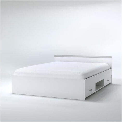 Les Tendances – Lit avec tiroirs 140 x 190 cm – 2 tiroirs coulissants – Niche de rangement – Coloris blanc – Éco-responsable fabriqué en France