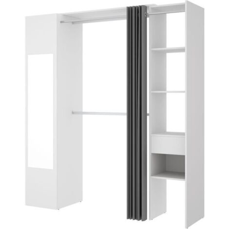 Vente-Unique – Dressing avec miroir et rideau – L177 cm x H205 cm x P52 cm – Mélaminé blanc et gris – Étagères et tiroir inclus (1/5)