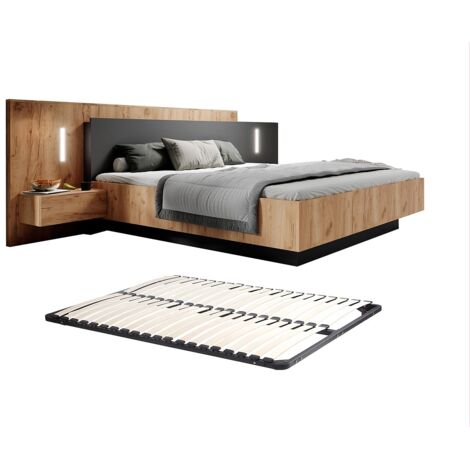 Vente-Unique – Lit adulte 160 x 200 cm avec chevets – 2 tiroirs coulissants – LEDs blanches – Panneau de particule mélaminé – Charge max 250 kg