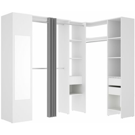 Vente-Unique – Dressing d'angle blanc et gris avec miroir – 3 penderies, 3 tiroirs, 13 lingères – Dimensions L231 x H205 x P141 cm – Éco-responsable