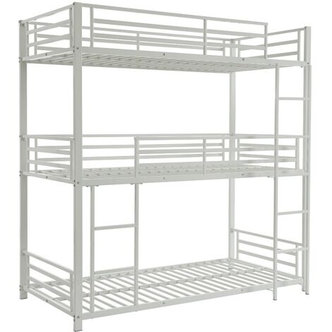 Vente-Unique – Lit superposé triple 3 places 90 x 190 cm – Métal blanc – Charge maximale 150 kg – Avec sommier métal et 23 lattes