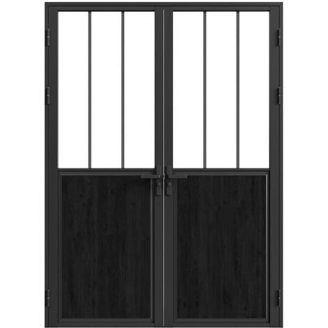 Vente-Unique – Porte coulissante double battante en aluminium et verre trempé – H204 x L83 cm – Noir – Style atelier