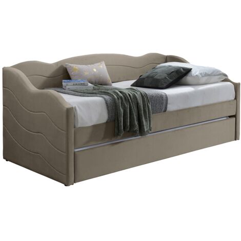 Vente-Unique – Lit banquette gigogne 90 x 190 cm – Velours taupe – Cadre à lattes – Éco-responsable – Charge max 110 kg (1/5)