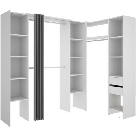 Vente-Unique – Dressing d'angle extensible 164/234 cm – Panneau de particule mélaminé – 2 tiroirs, 13 niches, 3 penderies – Blanc et gris