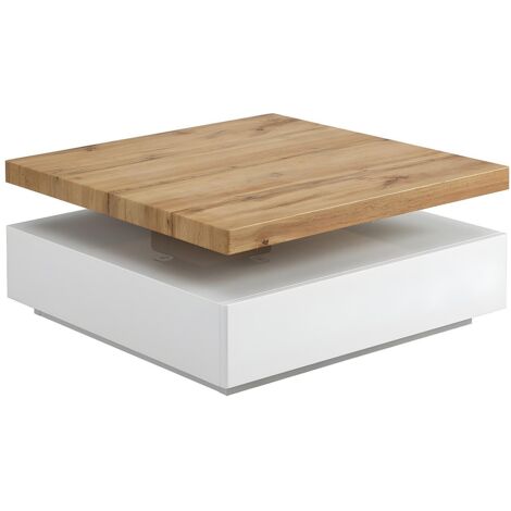Vente-Unique – Table basse pivotante 80x80cm avec 1 tiroir MDF laqué – Blanc et naturel – Charge maximale 50kg – Design contemporain (1/5)