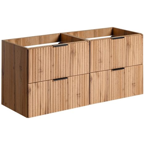 Vente-Unique – Meuble sous vasque suspendu strié – Naturel clair – Longueur 120 cm – 4 tiroirs avec système soft close – À suspendre – Fabriqué en Europe