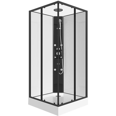 Vente-Unique – Cabine de douche hydromassante d'angle 80x80 cm – Verre trempé 5mm – Porte coulissante – 6 jets massants – Robinetterie incluse (1/5)