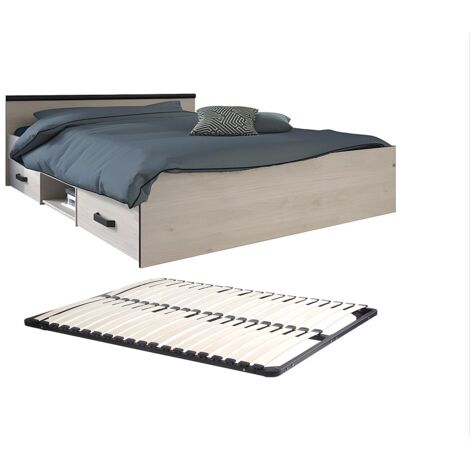 Vente-Unique – Lit avec tiroirs 140 x 190 cm – 2 tiroirs coulissants – Niche intégrable – Coloris naturel clair – Éco-responsable fabriqué en France (1/5)