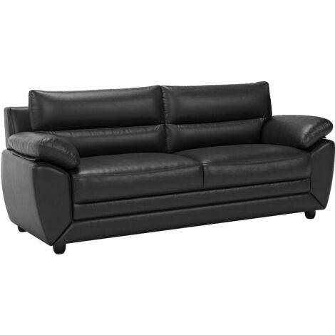 Vente-Unique – Canapé droit 3 places en simili noir – Structure bois – Accoudoirs courbés – Dossier ergonomique – Dimensions 201x88x82cm