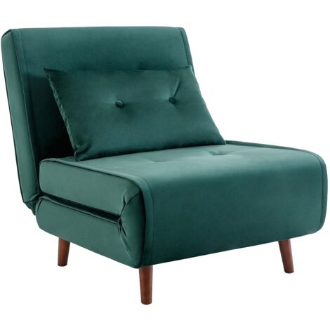 Vente-Unique – Fauteuil convertible en velours vert sapin – 1 place – Clic-clac – Garnissage mousse haute résilience – Coussin capitonné inclus (1/5)
