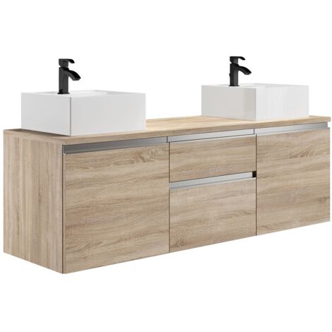 Vente-Unique – Meuble double vasque suspendu 150 cm – Panneau de particule naturel clair – 2 tiroirs et 2 portes – Étagère intégrée