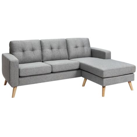 Vente-Unique – Canapé d'angle réversible 4 places en tissu 100% polyester gris chiné – Confort ferme – Déhoussable – Pieds en bois (1/5)