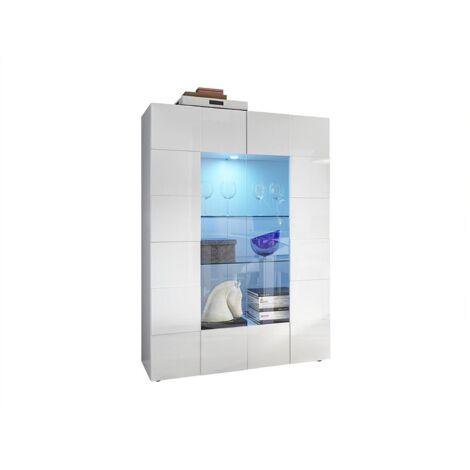 Vente-Unique – Vitrine CALISTO – 2 portes – Blanc laqué – Panneau de particule – Hauteur 166 cm – Longueur 121 cm – Éclairage LED blanc (1/3)