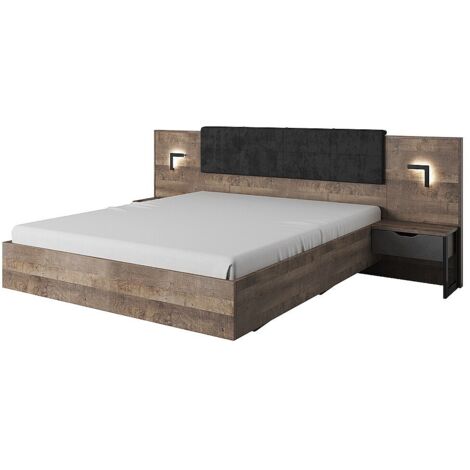 Vente-Unique – Lit adulte 160 x 200 cm avec chevets – Couleur naturel et anthracite – Panneau de particule mélaminé – Avec LEDs 5 intensités (1/4)