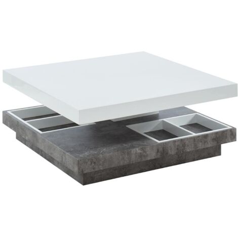 Vente-Unique – Table basse fixe 80x80cm – Plateau pivotant en MDF laqué blanc et béton – 4 niches de rangement – Charge 20kg