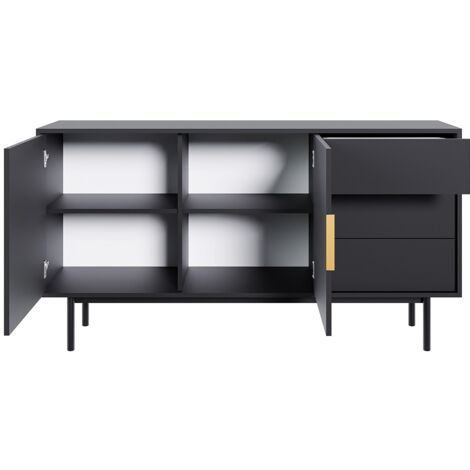 Buffet Design 2 Portes + 3 Tiroirs - Noir Avec Poignée Dorée - 154x82x39 Cm - Montage Facile - Fabriqué En Europe - 4