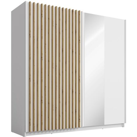 Vente-Unique – Armoire 2 portes coulissantes avec miroir – Longueur 200 cm – MDF blanc et naturel – 5 lingères et 1 penderie