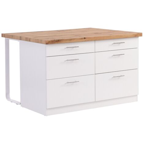 Vente-Unique – Îlot central de cuisine 6 tiroirs en MDF et métal – Finition mélaminé blanc et naturel clair – Dimensions 126x80x104 cm