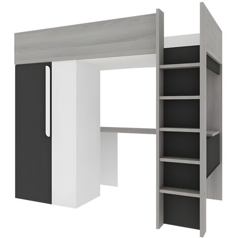 Vente-Unique – Lit mezzanine 90 x 200 cm avec armoire et bureau – Anthracite et blanc – Charge maximale 75 kg – Hauteur sous mezzanine 148 cm