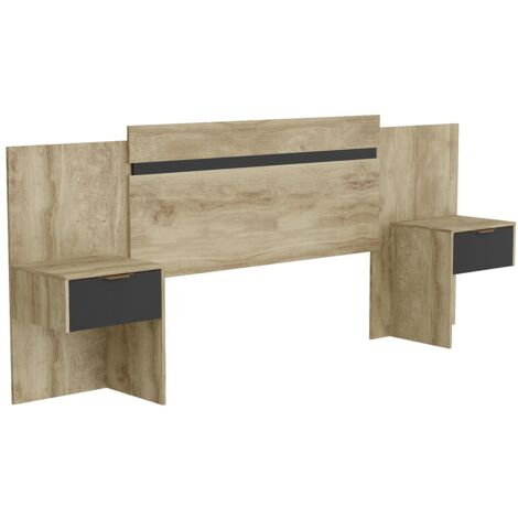 Vente-Unique – Tête de lit extensible avec chevets – 140/160 cm – Panneau de particule vernis – 2 tiroirs coulissants – Coloris naturel et noir
