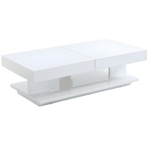 Vente-Unique – Table basse fixe ARAMIS – MDF laqué blanc – 2 plateaux coulissants avec rangements – Longueur 120 cm, Hauteur 35 cm, Profondeur 60 cm (1/5)