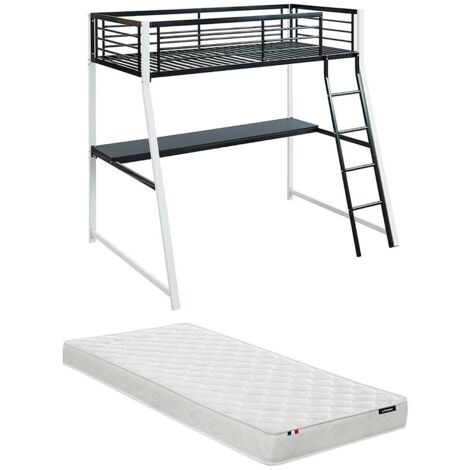 Lit mezzanine MALICIA - 90 x 190 cm - bureau intégré - Noir et blanc + matelas (1/5)